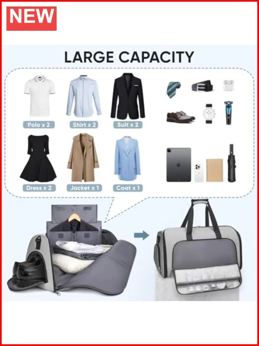 2-in-1 Convertible Travel Garment Duffel Bag - Wrinkle-Free Suit Bag with Shoe